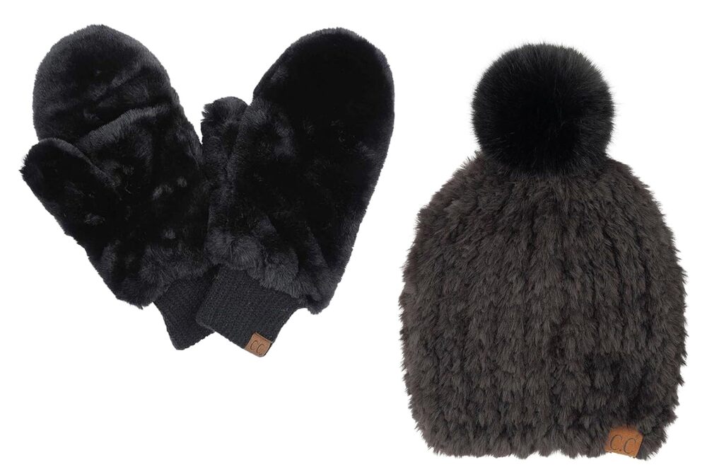 2037 Matching 2 Pack: Mittens & Pom Beanie - Black